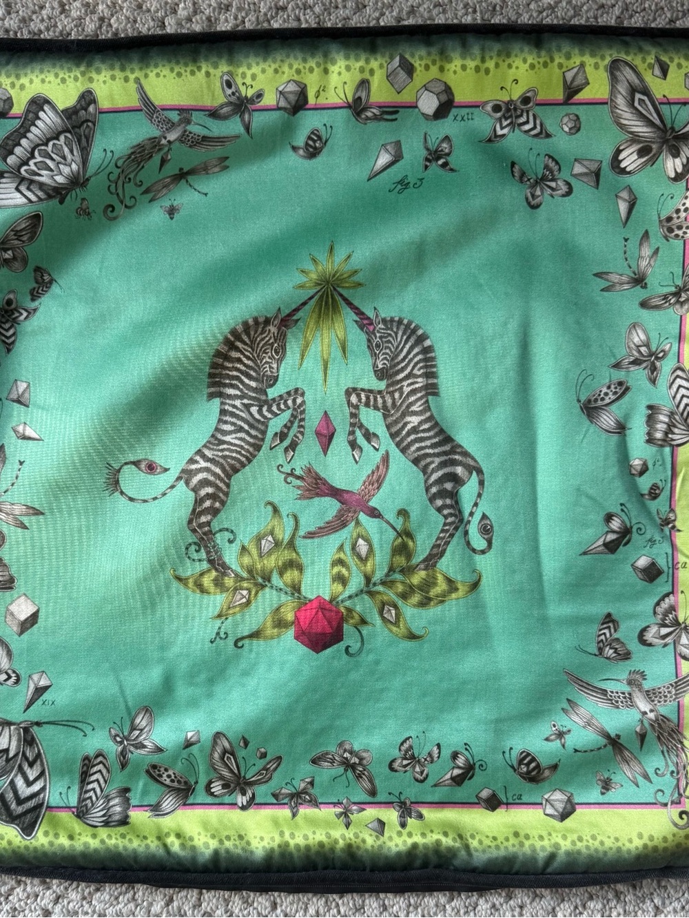 Decorative Teal Throw with Zebra and Butterfly Motif Velvet and Silk